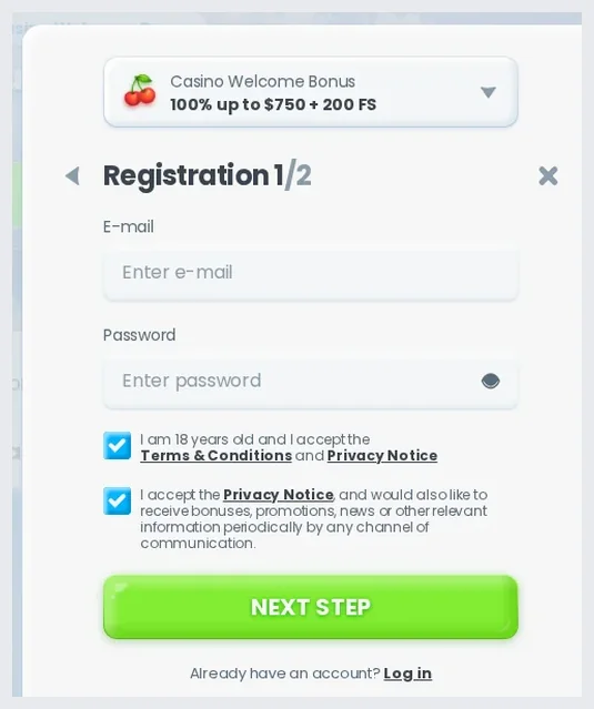 Cazimbo registration form step 1, "NEXT STEP" button, 17.10.2026